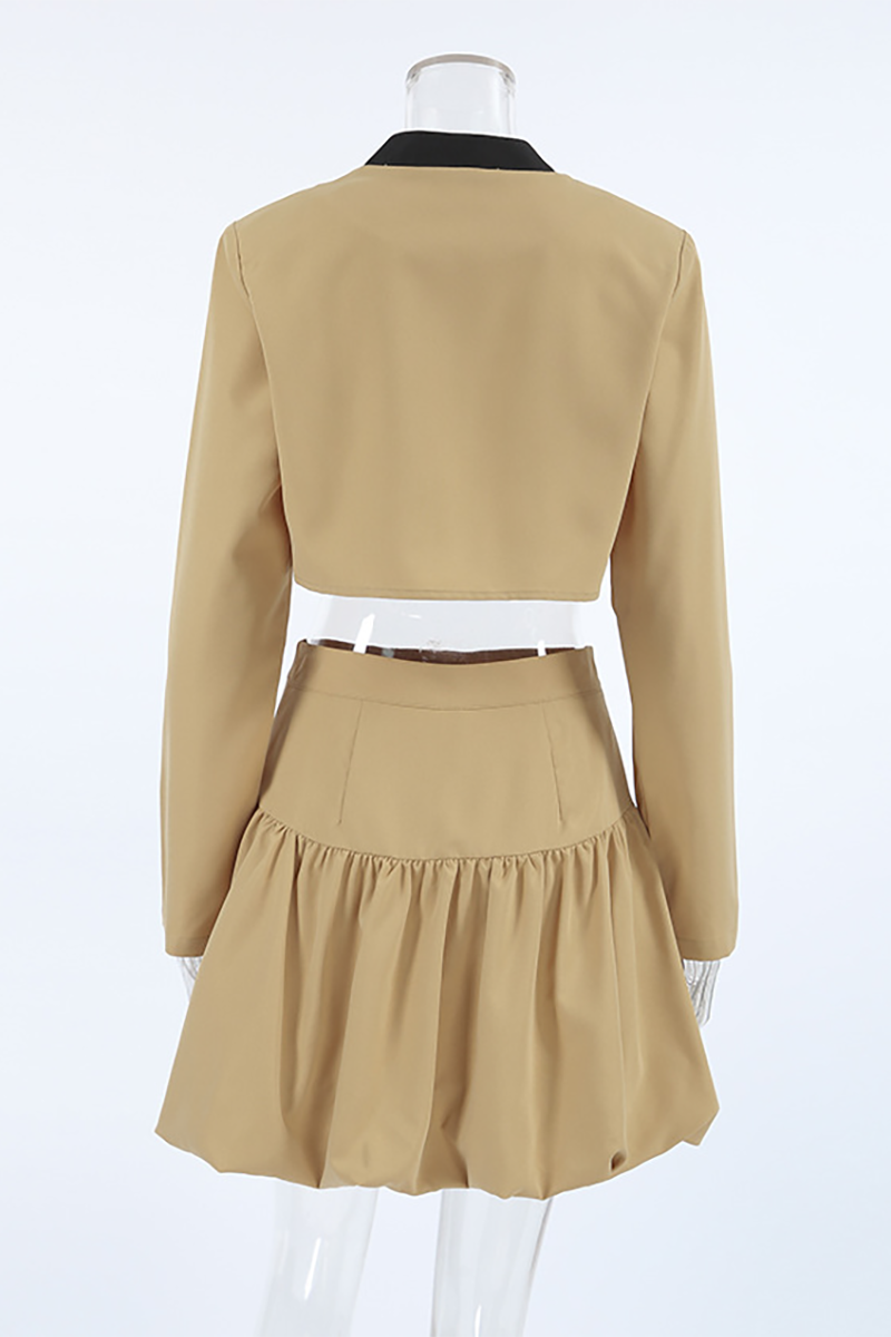 Mock Neck Crop Jacket Cinch Waist Bubbled Hem Mini Skirt Matching Set-Khaki-Hayhty.All Rights Reserved.