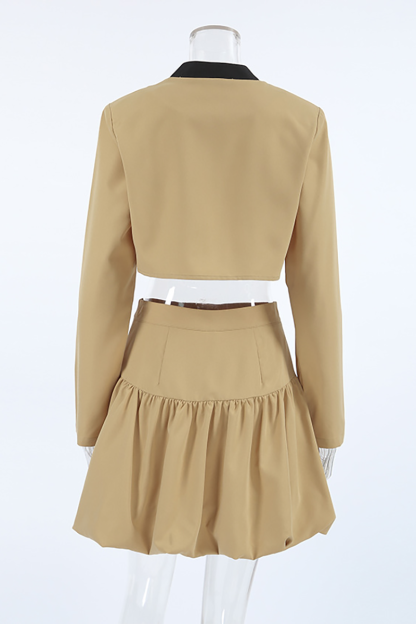 Mock Neck Crop Jacket Cinch Waist Bubbled Hem Mini Skirt Matching Set-Khaki-Hayhty.All Rights Reserved.