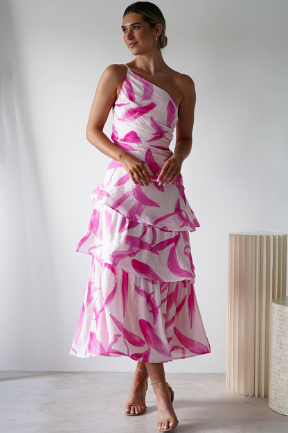 Pattern Print Tiered Hem One Shoulder Midi Dresses-Pink-Hayhty.All Rights Reserved.