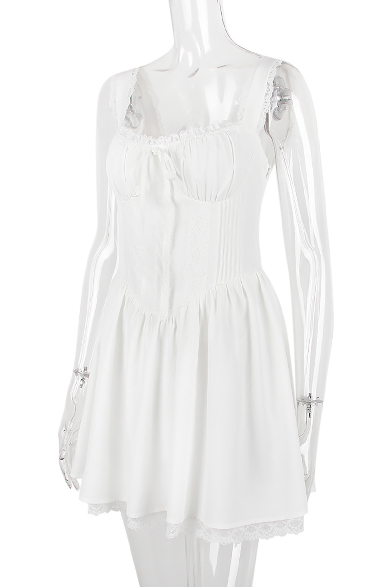 A-line White Boat Neck Tied Up Cami Backless Lace Up Pleated Embroidery Hem Mini Dresses-Hayhty.All Rights Reserved.