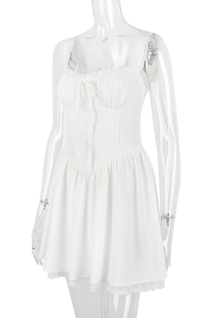 A-line White Boat Neck Tied Up Cami Backless Lace Up Pleated Embroidery Hem Mini Dresses-Hayhty.All Rights Reserved.
