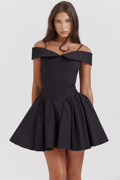 Cold Shoulder Corset A-Line Pleated Hem Cocktail Party Slip Mini Dresses-Black-Hayhty.All Rights Reserved.