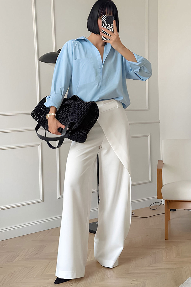 High Waist Overlay Asymmetric Straight Leg Pants-White-Hayhty.All Rights Reserved.