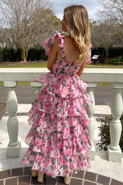 Floral Print Tie Up Cami Tiered Ruffled Hem Midi Dresses-Pink-Hayhty.All Rights Reserved.