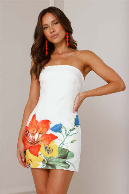 Boat Neck Strapless Slim Fit Floral Print Mini Dresses-White-Hayhty.All Rights Reserved.