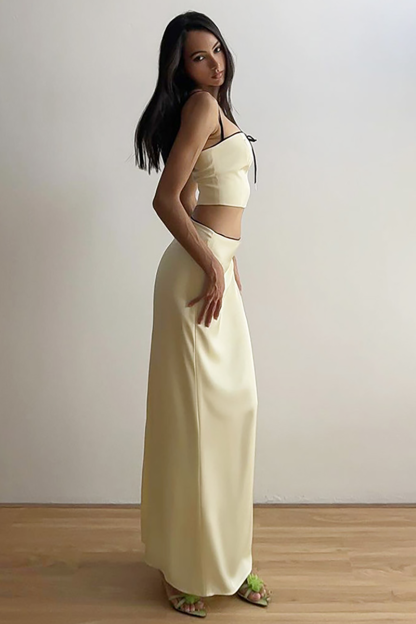 Bow Decor Crop Cami Slim Fit Fishtail Hem Maxi Skirt Matching Set-Beige-Hayhty.All Rights Reserved.