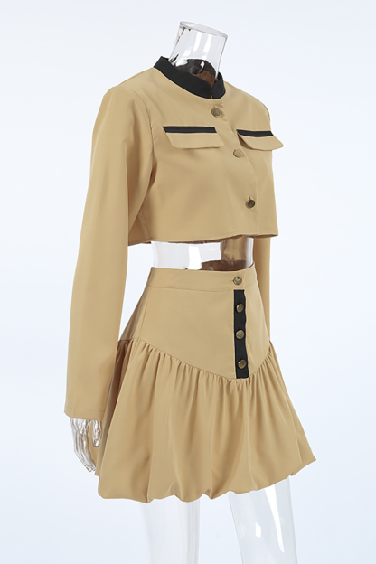 Mock Neck Crop Jacket Cinch Waist Bubbled Hem Mini Skirt Matching Set-Khaki-Hayhty.All Rights Reserved.