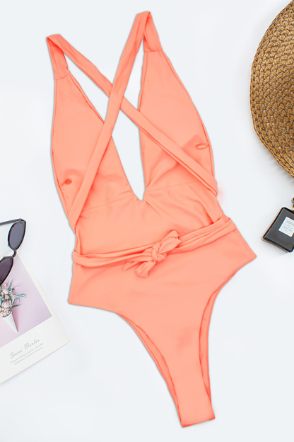 Deep V Neck Crossover Backless Tie Up One-Piece Swimsuit-Orange-Hayhty.All Rights Reserved.