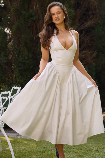 Deep V Neck Halter Cinch Waist Plain Midi Dresses-White-Hayhty.All Rights Reserved.