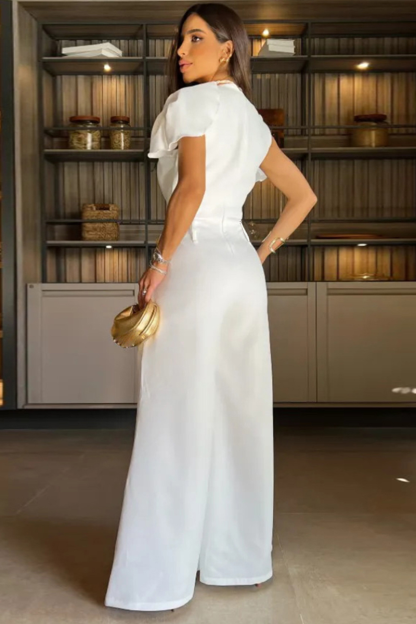 Round Neck Flutter Sleeve Cutout Wide Leg Jumpsuit-White-Hayhty.All Rights Reserved.
