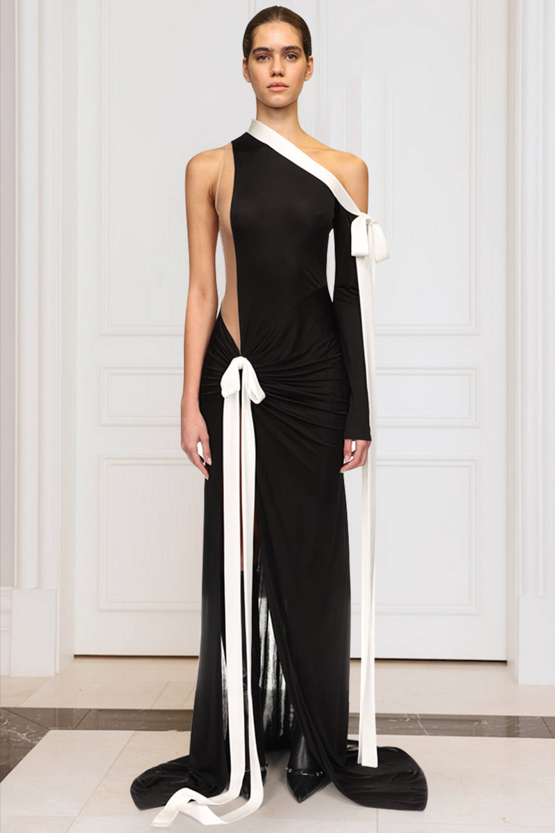 One Shoulder Long Sleeve Bow Slit Knit Slip Maxi Dresses-Black-Hayhty.All Rights Reserved.