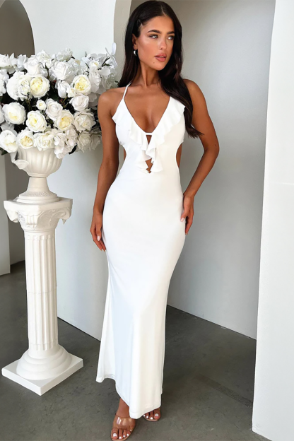 Ruffled Bodycon Open Back Halter Maxi Dresses-White-Hayhty.All Rights Reserved.