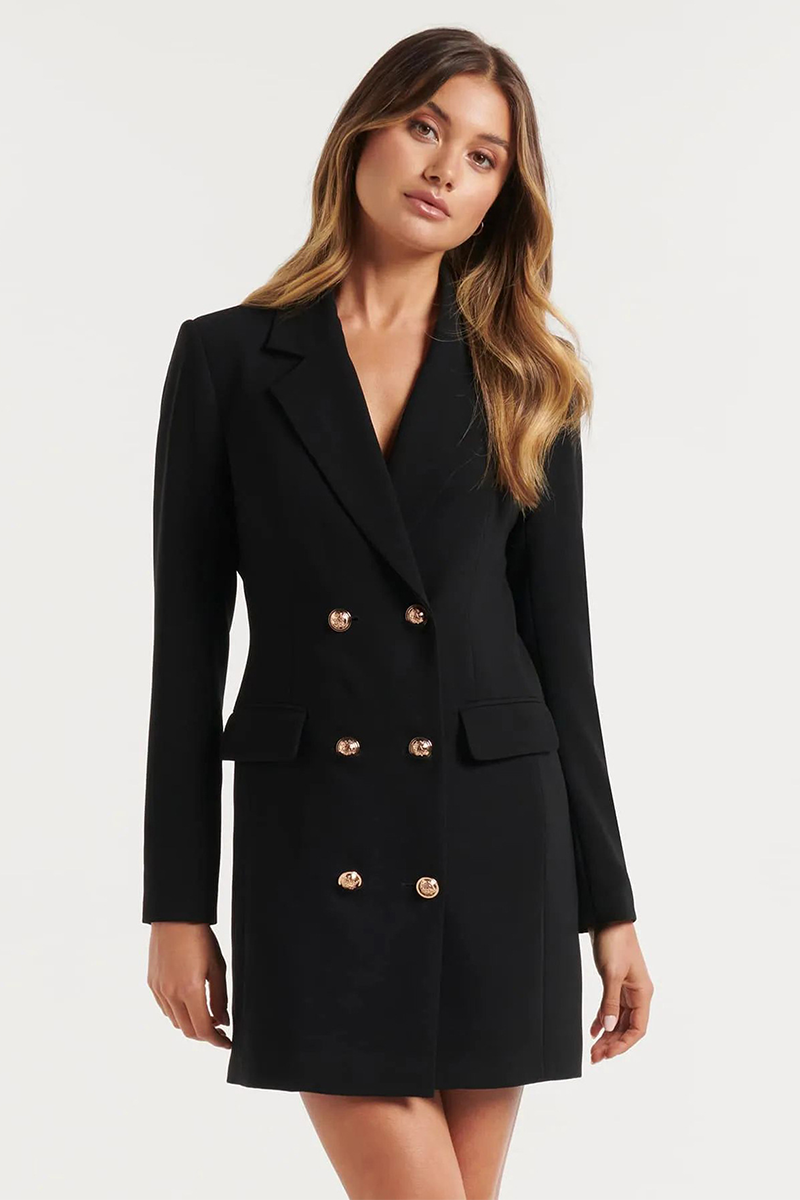 Notch Lapel Long Sleeve Double-Breasted Blazer Mini Dresses-Black-Hayhty.All Rights Reserved.