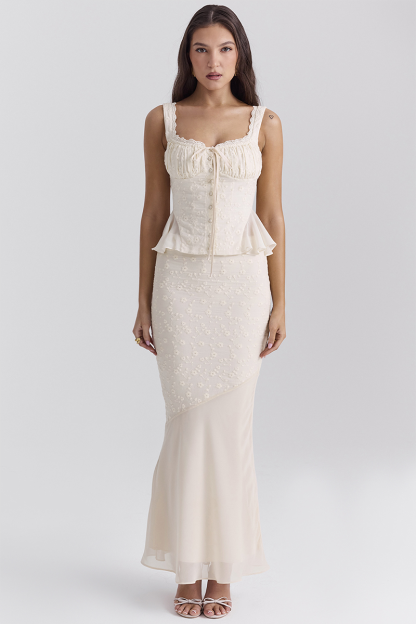 Floral Embroidery Ruffled Top Bodycon Maxi Skirt Matching Set-Ivory-Hayhty.All Rights Reserved.