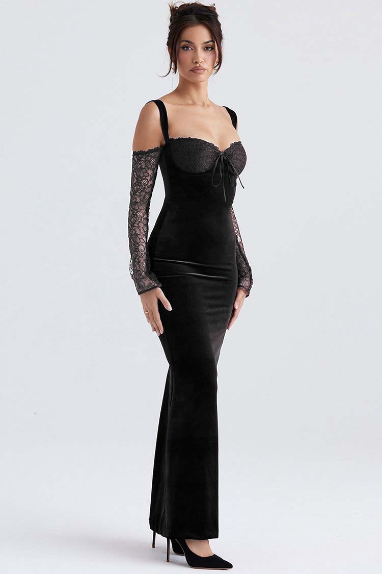 Cold Shoulder Lace Sleeve Bodycon Velvet Formal Party Maxi Dresses-Hayhty.All Rights Reserved.