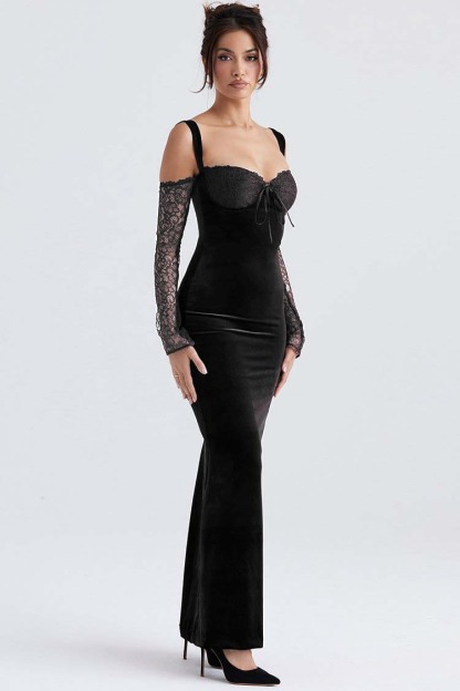 Cold Shoulder Lace Sleeve Bodycon Velvet Formal Party Maxi Dresses-Hayhty.All Rights Reserved.