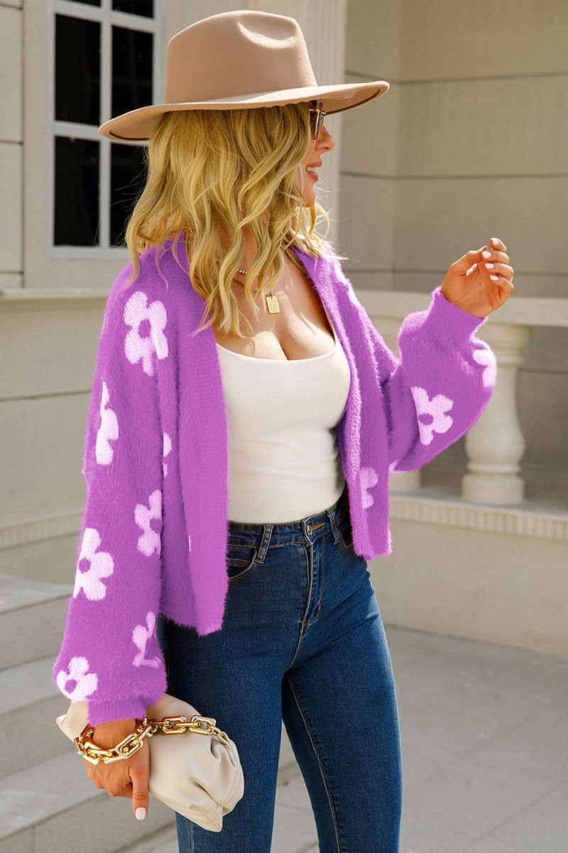Floral Knitted Jacket Puff Sleeve Sweater Cardigan-Hayhty.All Rights Reserved.