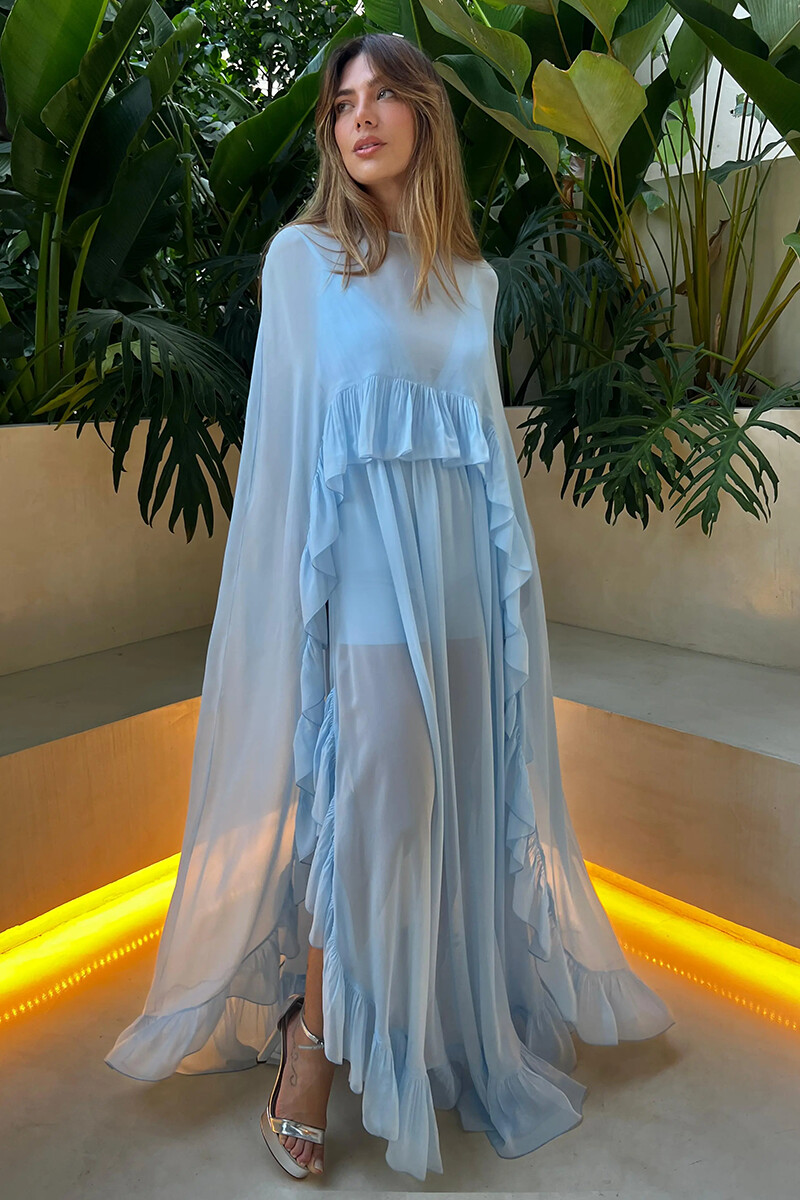 Ruffled Cape Deep V Neck Flowy Slip Maxi Dresses 2pcs Set-Blue-Hayhty.All Rights Reserved.