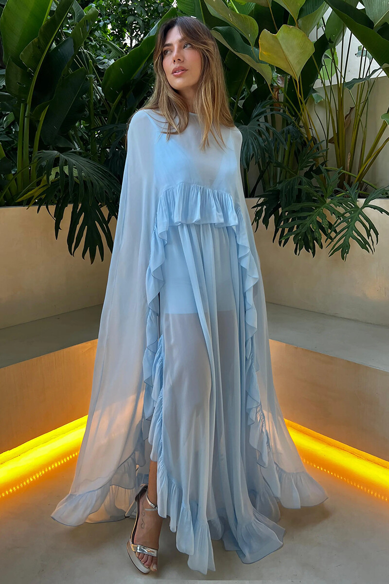 Ruffled Cape Deep V Neck Flowy Slip Maxi Dresses 2pcs Set-Blue-Hayhty.All Rights Reserved.