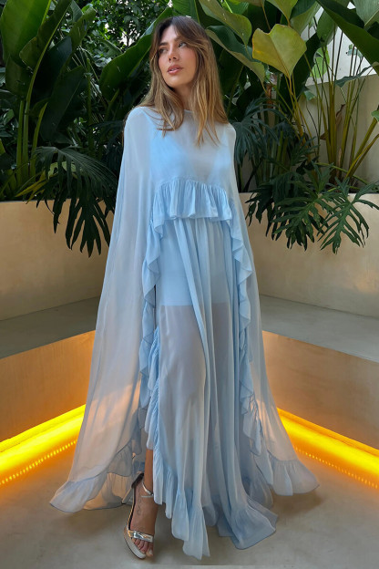 Ruffled Cape Deep V Neck Flowy Slip Maxi Dresses 2pcs Set-Blue-Hayhty.All Rights Reserved.
