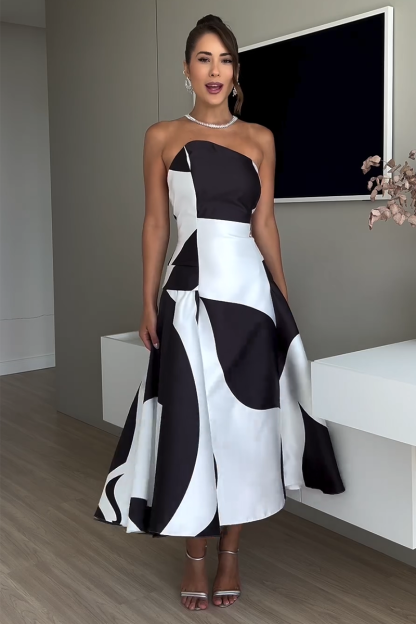Colorblock Strapless A-Line Cocktail Party Midi Dresses-Black-Hayhty.All Rights Reserved.