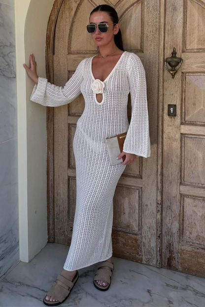 Deep V Neck 3D Flower Decor Long Sleeve Backless Knit Maxi Dresses-White-Hayhty.All Rights Reserved.