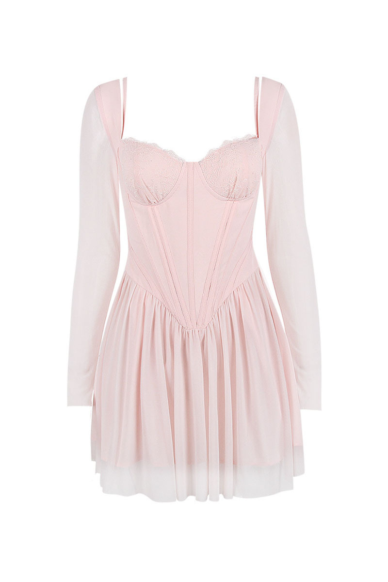 Mesh Long Sleeve Corset A-Line Pleated Ballet Style Mini Dresses-Hayhty.All Rights Reserved.