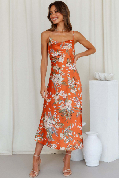 Vacation Cami Boat Neck Floral Print Slit Satin Vacation Midi Dress-Hayhty.All Rights Reserved.