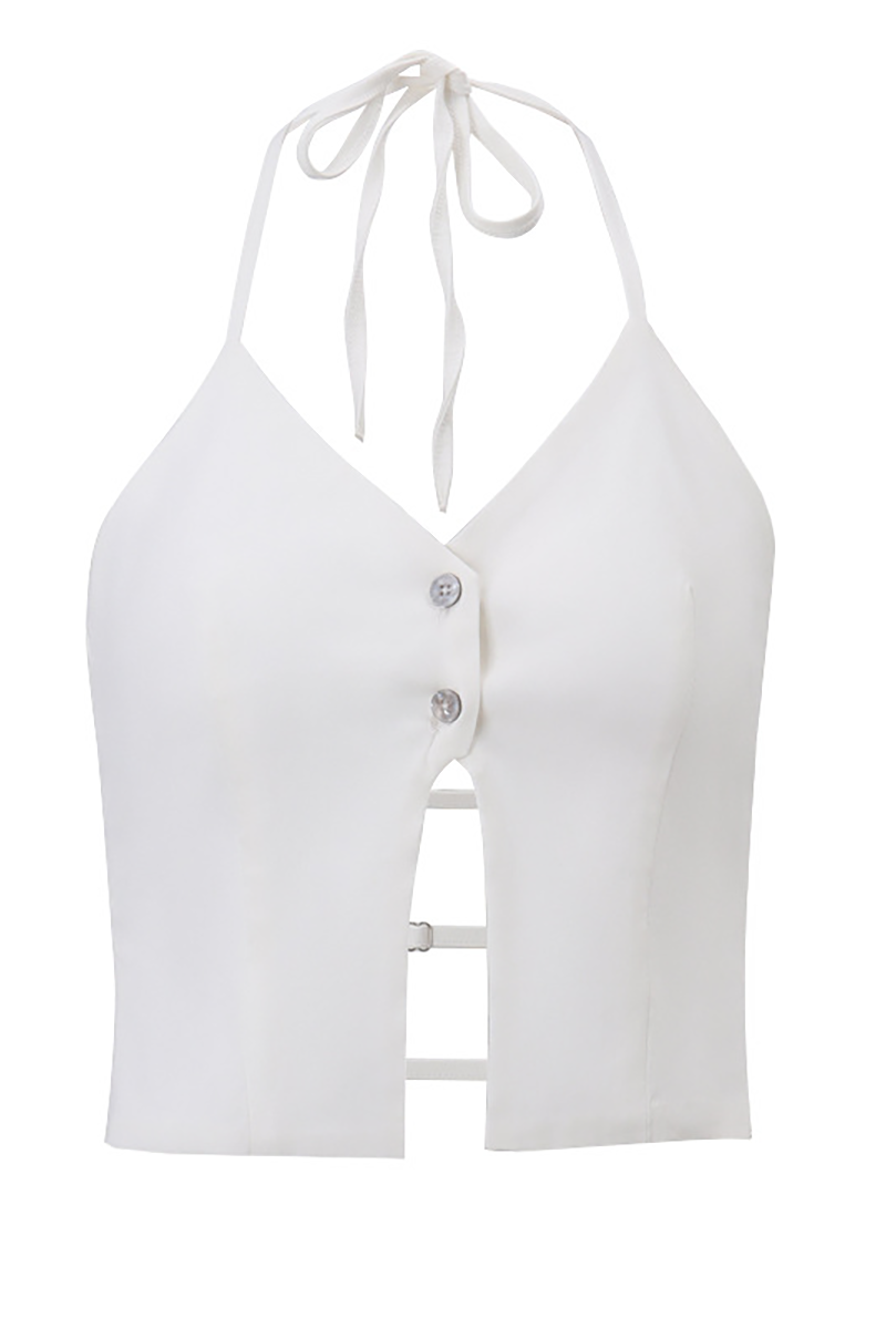 Deep V Neck Button Up Front Slit Open Back Halter Crop Top-White-Hayhty.All Rights Reserved.