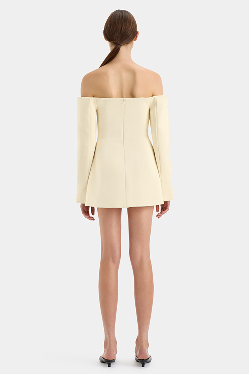 Off Shoulder Long Sleeve Button Up Slim Fit Mini Dresses-Beige-Hayhty.All Rights Reserved.