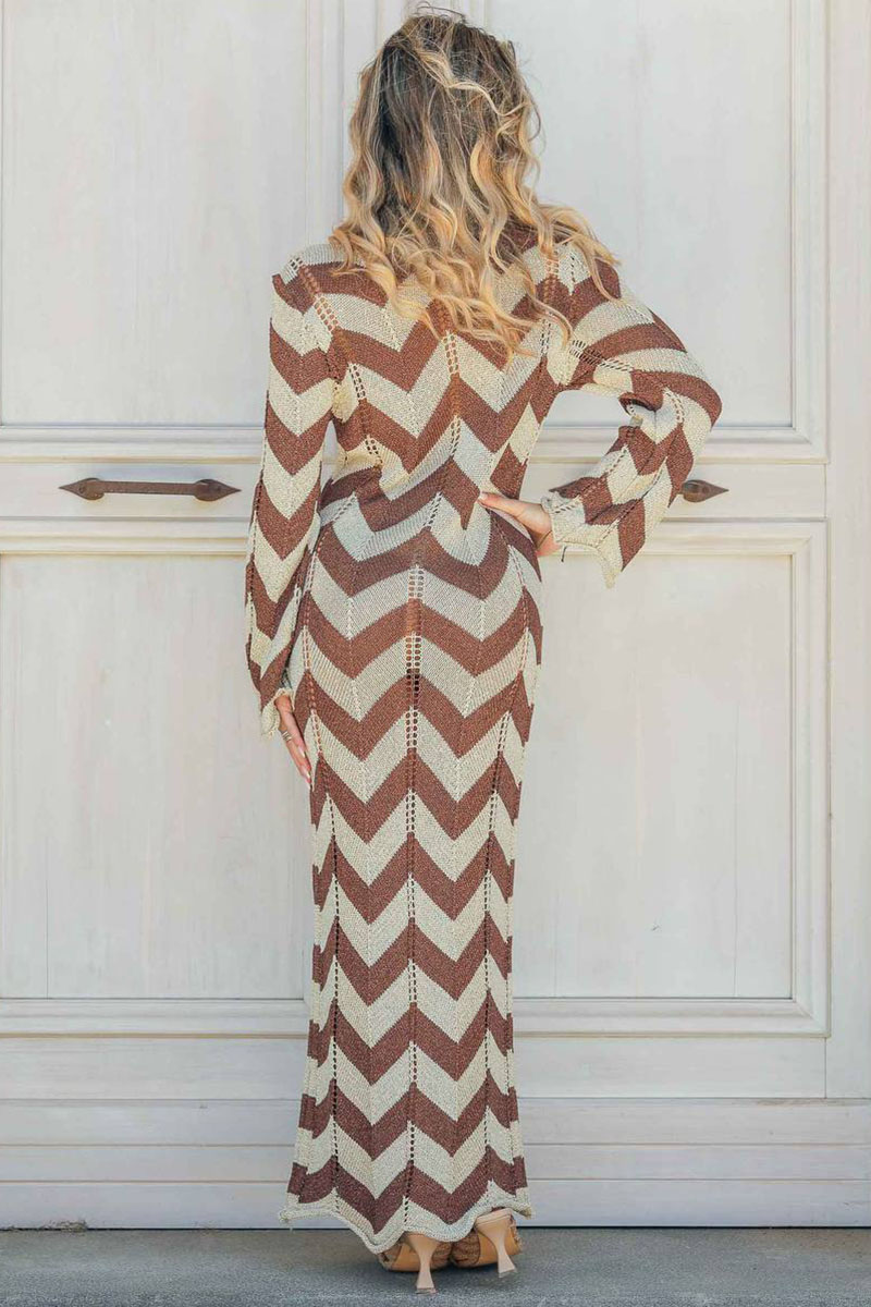 Colorblock Wavy Crochet Long Sleeve Vacation Cover-Up Maxi Dresses-Black-Hayhty.All Rights Reserved.