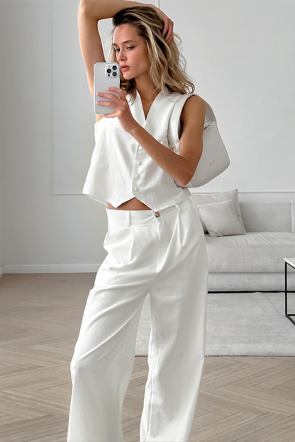 V Neck Button Up Crop Vest Plain Wide Leg Pants Matching Set-White-Hayhty.All Rights Reserved.