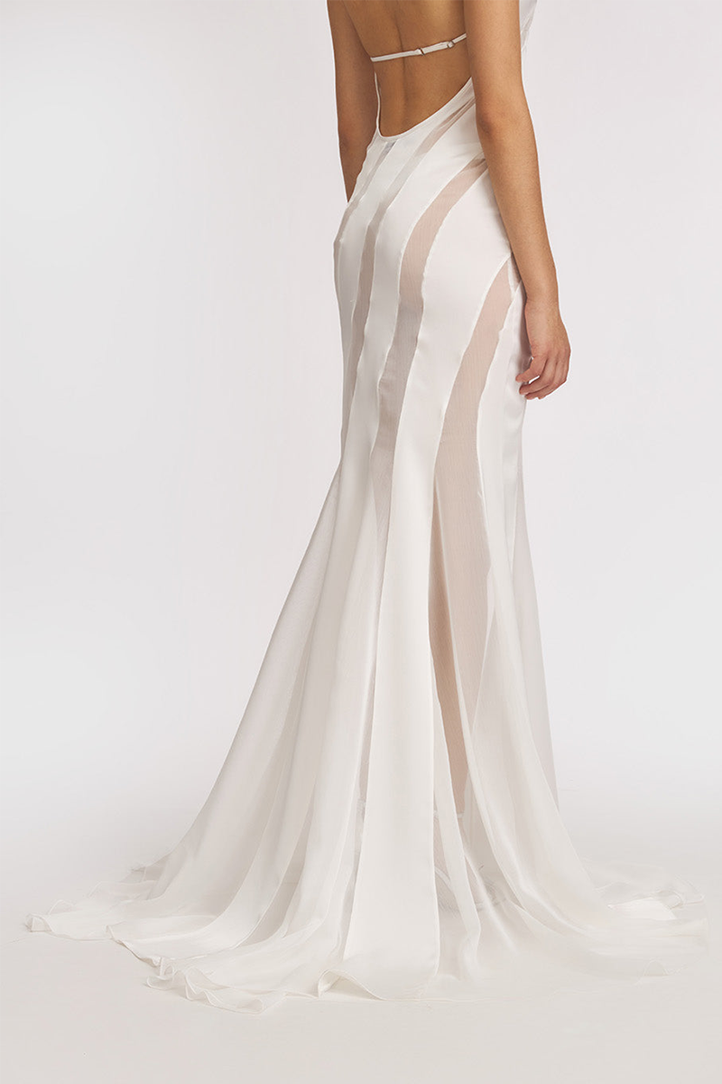 Halter Satin Sheer Chiffon Patchwork Mermaid Maxi Dresses-White-Hayhty.All Rights Reserved.