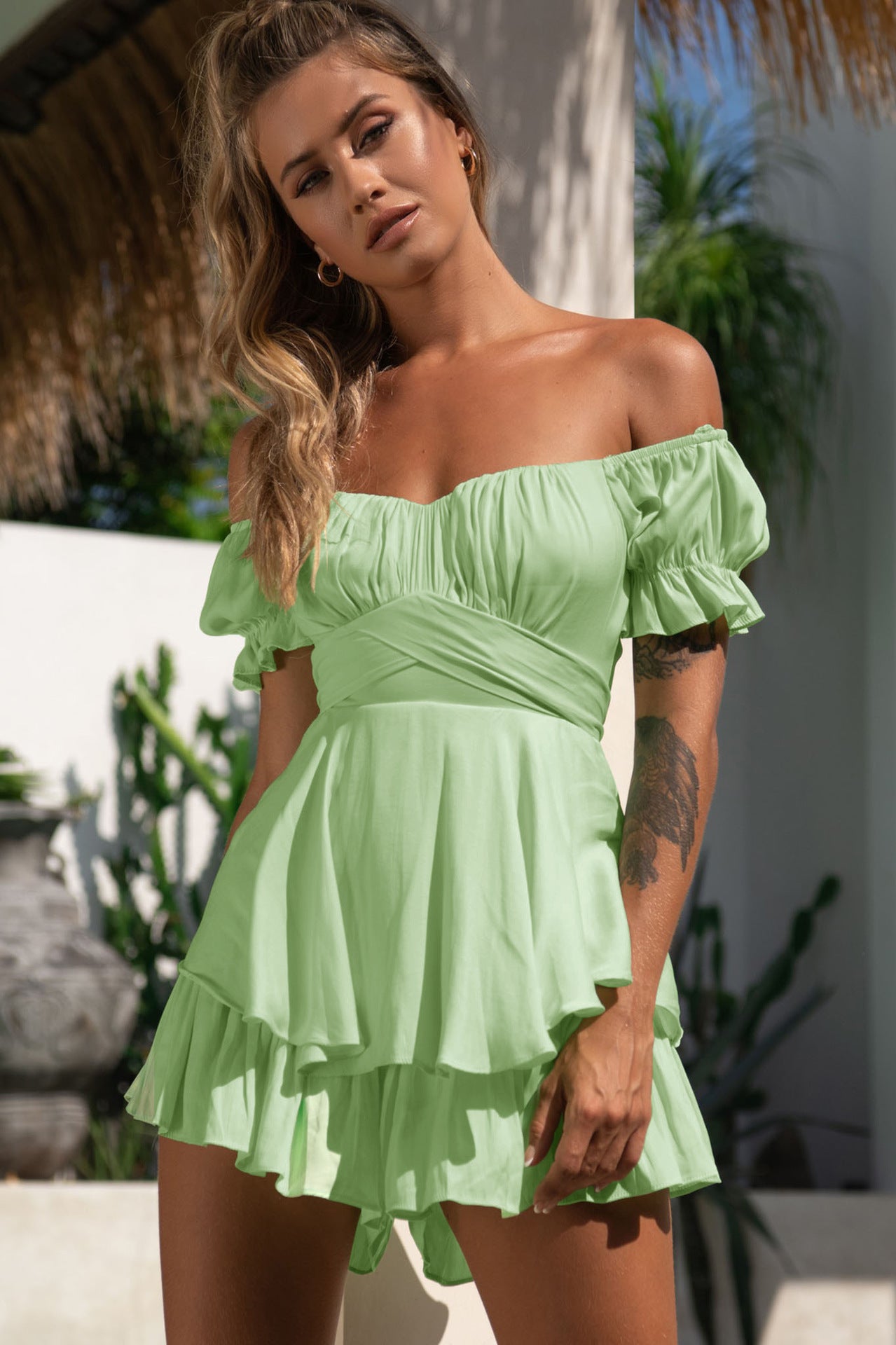Off Shoulder Short Sleeve Jumpsuit-Hayhty.All Rights Reserved.