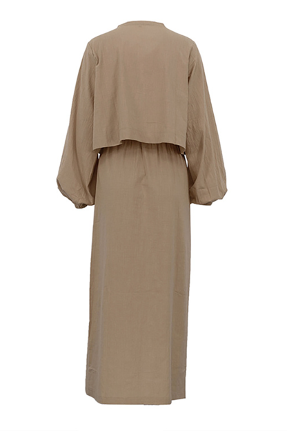 Puff Sleeve Front Tie Up Blouse Solid Color Maxi Skirt Matching Set-Brown-Hayhty.All Rights Reserved.