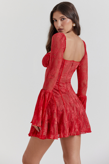 Lace Flared Sleeve Corset A-Line Ruffled Vacation Mini Dresses-Hayhty.All Rights Reserved.