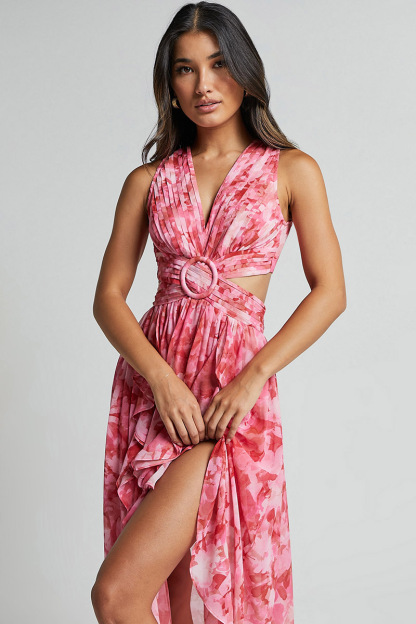 V Neck Ruched Cutout Ruffled Floral Print Slit Midi Dresses-Pink-Hayhty.All Rights Reserved.