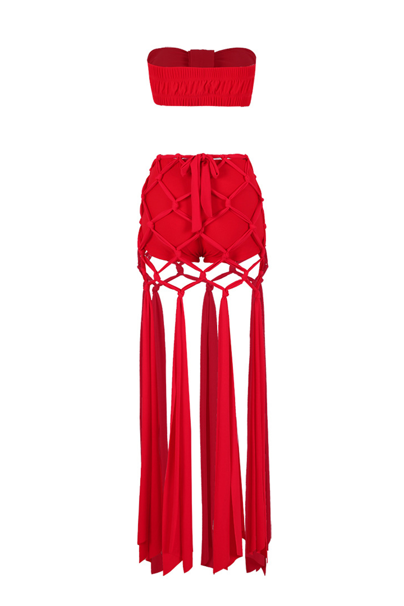 Ruched Strapless Crop Top Knotted Fringe Maxi Skirt Swimwear Set-Red-Hayhty.All Rights Reserved.