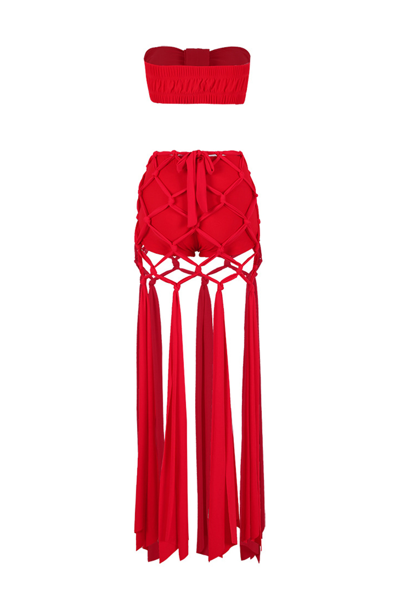 Ruched Strapless Crop Top Knotted Fringe Maxi Skirt Swimwear Set-Red-Hayhty.All Rights Reserved.