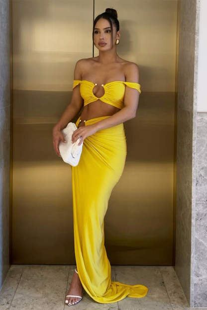 Cutout Crop Cami Ruched High Slit Fishtail Maxi Skirt Matching Set-Blue-Hayhty.All Rights Reserved.