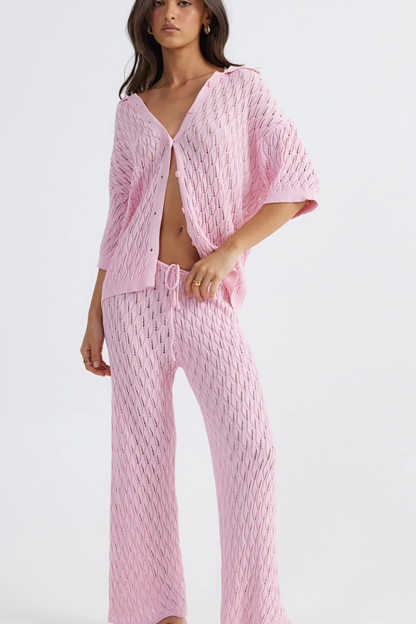 Hollow Out Knit Half Sleeve Blouse Wide Leg Pants Matching Set-Orange-Hayhty.All Rights Reserved.
