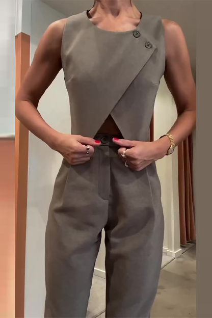 Round Neck Slit Crop Vest Solid Color Straight Leg Pants Matching Set-Grey-Hayhty.All Rights Reserved.