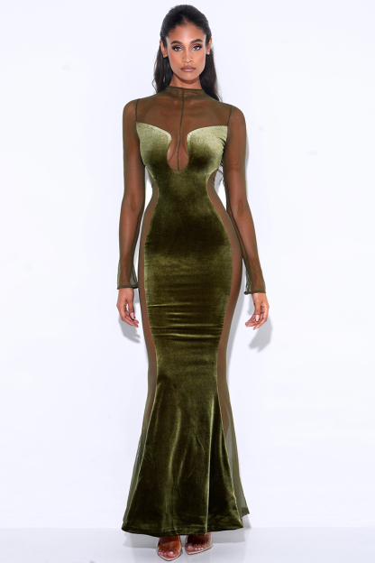 Velvet Mesh Patchwork Long Sleeve Gown Maxi Dresses-Hayhty.All Rights Reserved.
