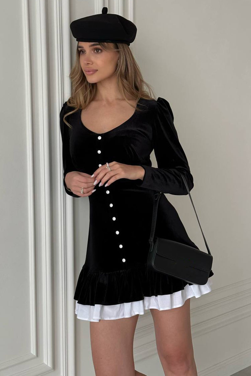 Long Sleeve U Neck Button Up Layered Trim A-Line Velvet Mini Dresses-Black-Hayhty.All Rights Reserved.