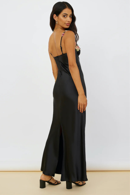 Embroidered Flower Boat Neck High Slit Satin Slim Garden Party Slip Maxi Dresses-Hayhty.All Rights Reserved.