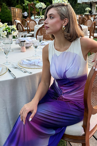 Gradient Color Twisted Ruched Round Neck Open Back Maxi Tank Dresses-Purple-Hayhty.All Rights Reserved.