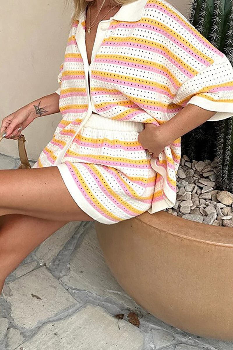 Knit Colorblock Striped Hollow Out Half Sleeve Blouse Shorts 2pcs Set-Orange-Hayhty.All Rights Reserved.