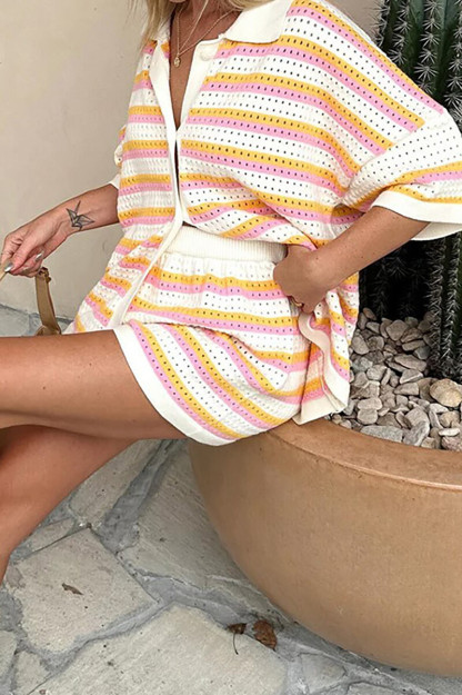 Knit Colorblock Striped Hollow Out Half Sleeve Blouse Shorts 2pcs Set-Orange-Hayhty.All Rights Reserved.