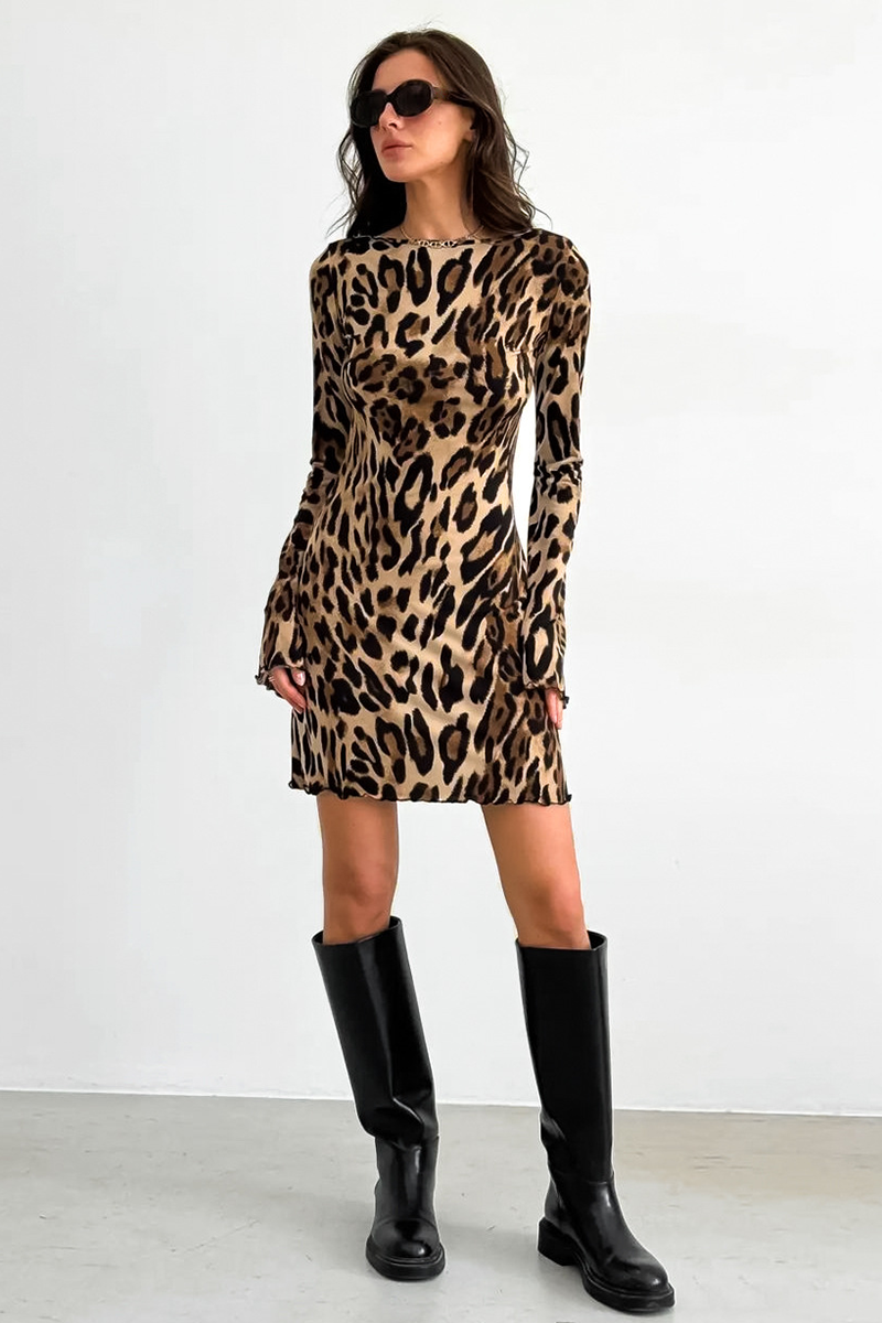 Leopard Print Long Sleeve Backless Slim Fit Mini Dresses-Brown-Hayhty.All Rights Reserved.