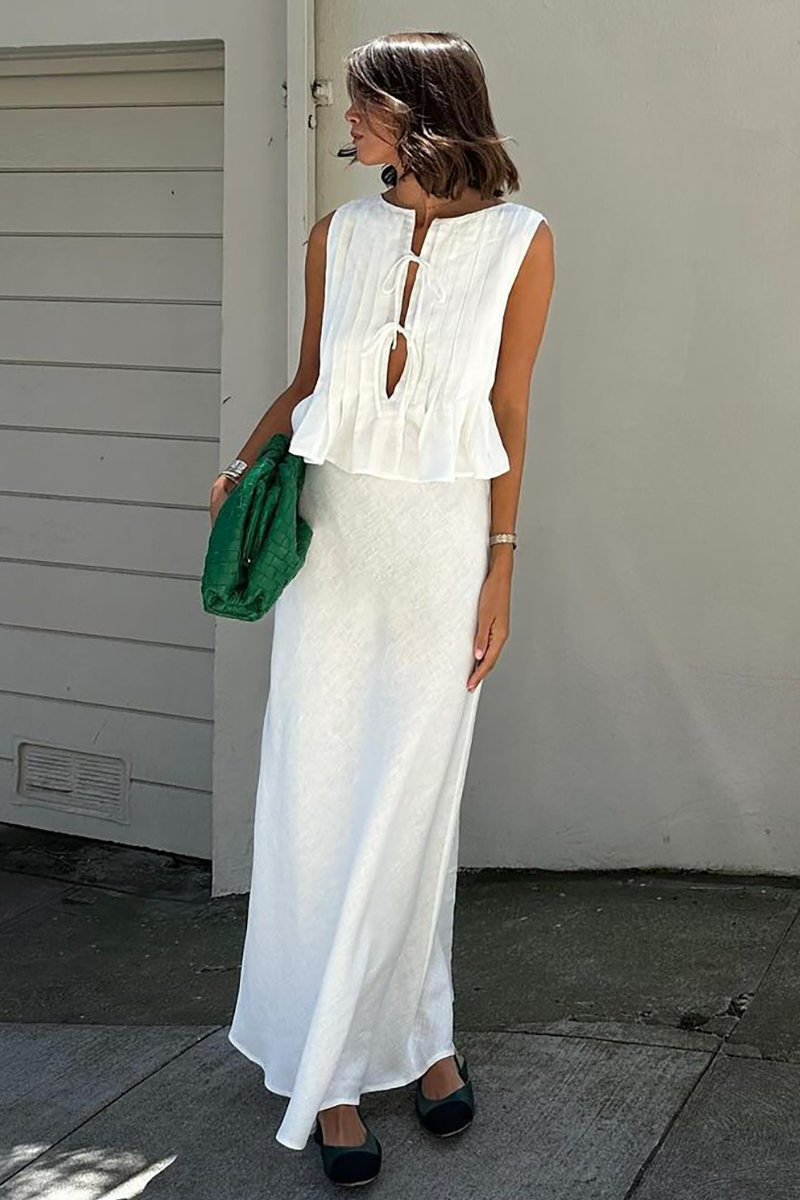 Tie Up Ruffled Sleeveless Top Solid Color Maxi Skirt Matching Set-White-Hayhty.All Rights Reserved.